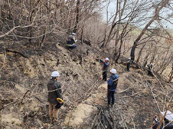 산림청은 경상남도 함양군과 밀양시의 산불 피해지역에 대해 2차 피해 예방을 위한 긴급진단을 하고 있다. [사진=산림청]