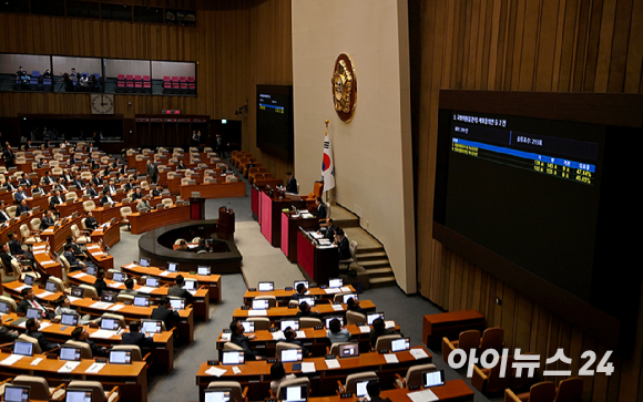 12일 국회 본회의에서 더불어민주당 윤관석·이성만 무소속 의원 체포동의안 표결 결과가 발표되고 있다. 두 사람의 체포동의안은 모두 부결됐다. [사진=곽영래 기자]