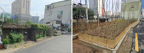 서대문구가 장기간 무단 점유돼 도시 경관을 저해하던 경의중앙선 철로 주변(충정로3가 155-5 일대 경의 제2녹지)을 &lsquo;완충녹지&rsquo;로 복원했다. 사진은 전후 비교 모습. [사진=서대문구]