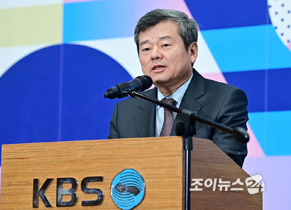 박민 KBS사장이 26일 오전 서울 여의도 KBS신관에서 열린 '2024 파리 하계올림픽 KBS 방송단 발대식’에서 축사를 하고 있다. [사진=곽영래 기자]