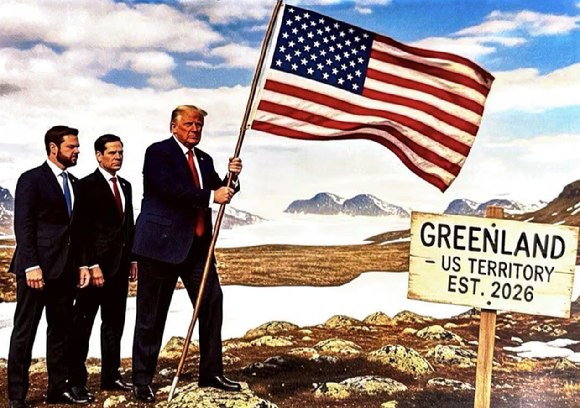 덴마크령 그린란드에 미국 국기를 꽂은 트럼프 대통령의 합성 사진. [사진=도널드 트럼프 트루스소셜]