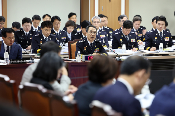  17일 서울 서대문구 경찰청에서 열린 국회 행정안전위원회 경찰청 대상 국정감사에서 유재성 경찰청장 직무대행이 질의에 답하고 있다. [사진=연합뉴스]