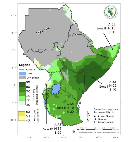 올해 10~12월 사이 아프리카의 뿔 지역의 예상 강수량. 짙은 초록일수록 더 많은 비가 예상되는 지역이다. [사진=WMO]