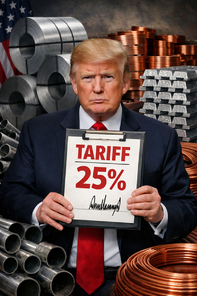 트럼프 대통령이 철강&middot;알루미늄&middot;구리 등 금속 함량이 높은 완제품에 대해 제품 가격의 25% 관세를 부과하는 장면. [사진=챗GPT]