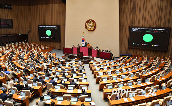 21일 서울 여의도 국회에서 열린 본회의에서 윤석열&middot;김건희에 의한 내란&middot;외환 및 국정농단 행위의 진상규명을 위한 특별검사 임명 등에 관한 법률 일부개정법률안(대안)이 통과되고 있다. [사진=곽영래 기자]