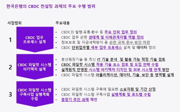 커니코리아가 한국은행에 제공했던 CBDC 컨설팅 과제의 주요 수행 범위. [사진=커니코리아]