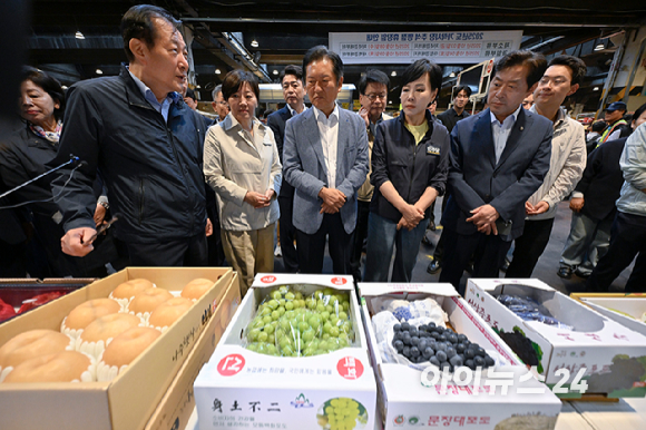 정청래 더불어민주당 대표가 25일 추석맞이 물가점검을 위해 서울 송파구 가락동 농수산물도매시장을 방문하고 있다. 왼쪽부터 문영표 서울시농수산식품공사 사장, 정 대표, 송미령 농림축산식품부 장관, 전현희 더불어민주당 최고위원. [사진=국회사진기자단]