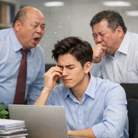 회사에서 감기에 걸렸음에도 마스크를 착용하지 않는 동료로 인해 스트레스를 받고 있다는 사연이 알려졌다. 사진은 AI 생성 이미지로, 본 기사 내용과 무관. [사진=챗GPT]