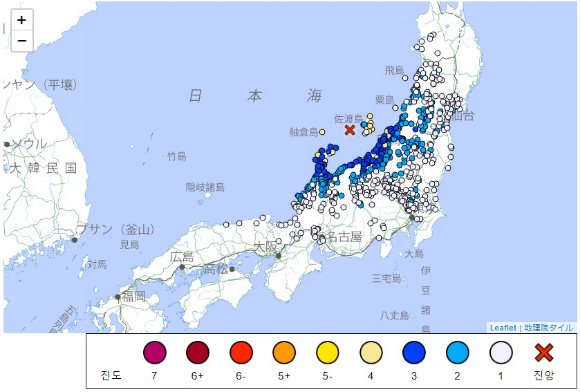 노토반도 인근 해역서 9일 오후 5시59분께 6.0의 지진이 발생했다. [사진=일본 기상청]