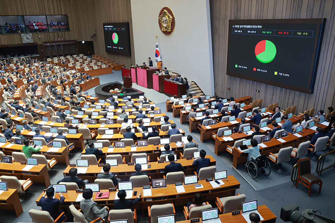 20일 국회에서 열린 8월 임시국회 제1차 본회의에서 패스트트랙(신속처리안건) 심사 기한을 현행 최장 330일에서 90일로 단축하는 국회법 개정안이 국민의힘 반대 속에 통과되고 있다. 2026.8.20 [사진=연합뉴스]