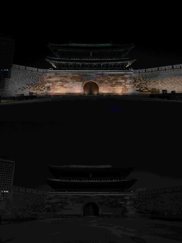 서울 광화문 광장에 있는 이순신 장관 동상이 28일 1시간 동안 불을 껐다. [사진=WWF]