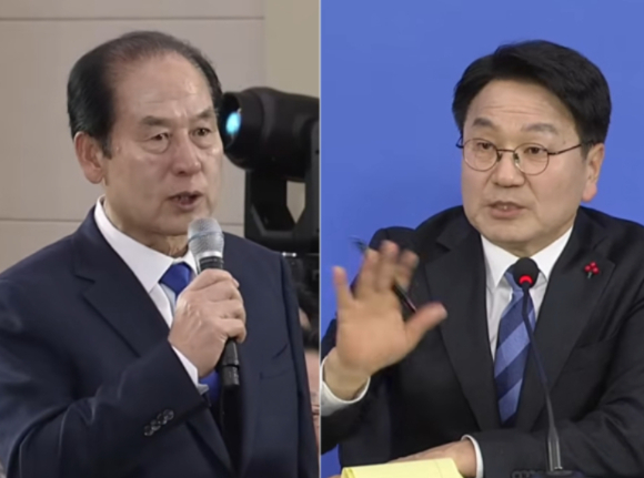 지난 4일 전남 해남문화예술회관에서 열린 광주&middot;전남 행정통합 '찾아가는 타운홀미팅'에서 발언하고 있는 김희수 진도군수. [사진=목포MBC]