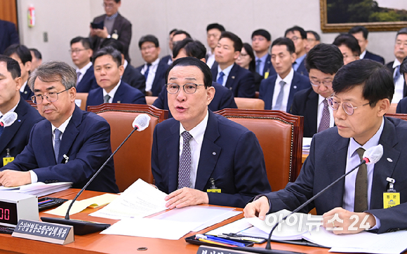 노동진 수산업협동조합중앙회장이 27일 서울 여의도 국회에서 열린 농림축산식품해양수산위원회의 수협중앙회 등에 대한 국정감사에서 질의에 답하고 있다. [사진=곽영래 기자]