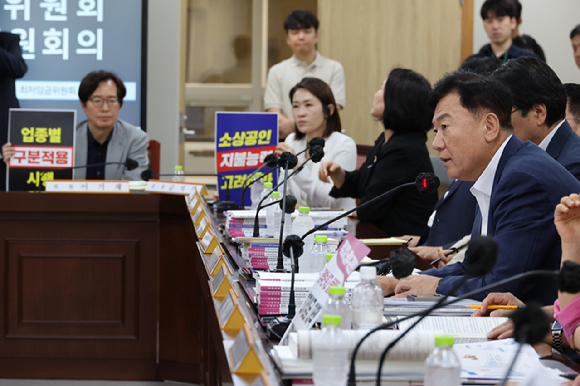 18일 정부세종청사 최저임금위원회에서 열린 제7차 전원회의에서 사용자위원인 류기정 한국경영자총협회(경총) 전무와 근로자위원인 류기섭 한국노총 사무총장이 업종별 구분 적용 관련 발언을 들으며 심각한 표정을 짓고 있다.[사진=연합뉴스]