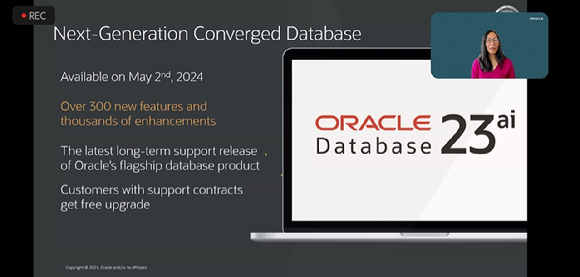 제니 차이 스미스 오라클 제품 관리 부문 부사장은 9일 한국 언론사 대상으로 열린 온라인 간담회에서 신제품 '오라클 데이터베이스23ai'의 세부 기능을 소개하고 있다. [사진=온라인 간담회 화면 캡쳐]