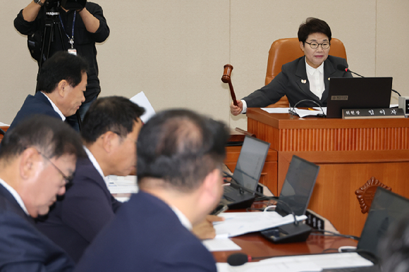 지난달 25일 국회 기획재정위원회 전체회의에서 국민의힘 소속 임이자 위원장이 담배사업법 개정안 등 안건을 의결하며 의사봉을 두드리고 있다. [사진=연합뉴스]