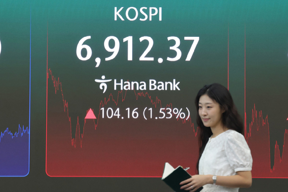 27일 장 마감 후 서울 중구 하나은행 딜링룸 [사진=연합뉴스]