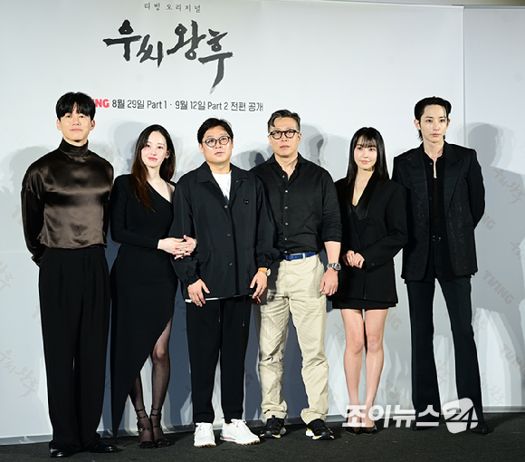 (왼쪽부터) 김무열-전종서-정세교 감독-이병학 작가-정유미-이수혁이 27일 오후 서울 용산 아이파크몰 CGV에서 열린 티빙 오리지널 시리즈 '우씨왕후' 제작발표회에 참석하고 있다. [사진=정소희 기자]