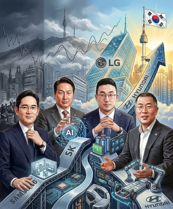 이재용 삼성전자 회장(왼쪽부터), 최태원 SK그룹 회장, 구광모 LG그룹 회장, 정의선 현대자동차그룹 회장 [사진=구글 제미나이 생성 이미지]