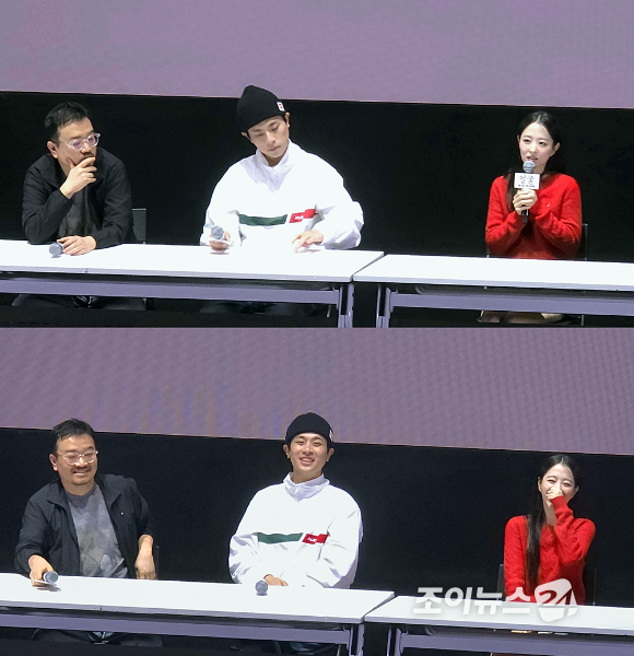 연상호 감독과 배우 박정민, 박보영이 영화 '얼굴' GV에서 대화를 나누고 있다. [사진=조이뉴스24 DB]