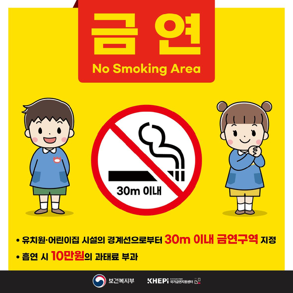 어린이집, 유치원, 초&middot;중&middot;고교 금연구역 안내 표지&middot;스티커. [사진=보건복지부]