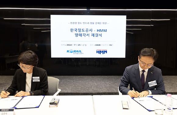 이정엽 HMM 컨테이너사업부문장(오른쪽)과 김양숙 코레일 물류사업본부장이 25일 서울 여의도 HMM 본사에서 진행된 '친환경 철도물류 활성화 업무협약(MOU)'에서 서명을 하고 있다. [사진=HMM 제공]