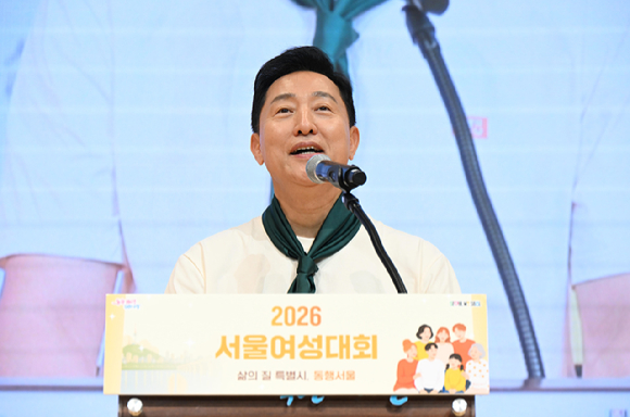 오세훈 서울시장이 8일 서울시청에서 열린 '여권통문의 날 기념 2026 서울여성대회'에서 발언하고 있다. [사진=서울시]
