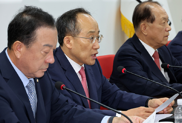 추경호(가운데) 국민의힘 원내대표가 11일 오전 서울 여의도 중앙당사에서 열린 비상대책위원회의에서 발언하고 있다. 오른쪽은 황우여 비대위원장. [사진=뉴시스]