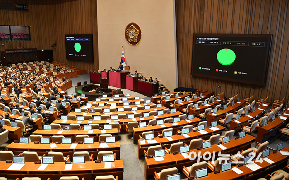 5일 오후 서울 여의도 국회에서 열린 제427회 국회(임시회) 제3차 본회의에서 방송법 일부개정법률안(대안)이 가결되고 있다. [사진=곽영래 기자]