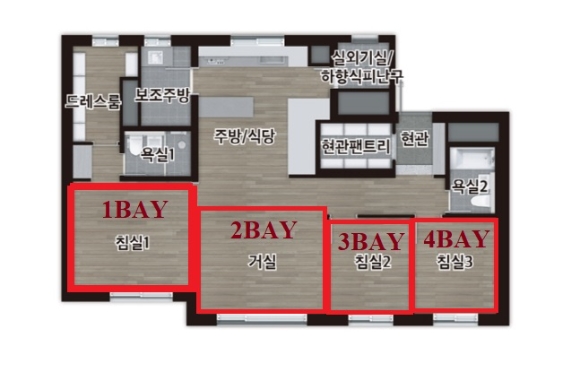 4베이 구조의 'e편한세상 가평 퍼스트원' 전용 74㎡ 평면도. [사진=DL이앤씨]