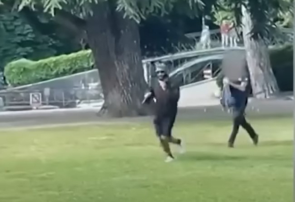 8일(현지시각) 프랑스 안시의 한 공원에서 선글라스를 쓴 남성이 흉기를 들고 놀이터를 향해 뛰어가고 있다. [사진=유튜브 'TF1 INFO' 캡처]
