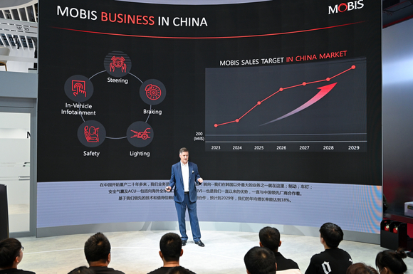 현대모비스 영업부문장 악셀 마슈카(Axel Maschka) 부사장이 '2023 상하이 모터쇼;에서 'The One for All Mobility'를 주제로 발표하고 있다. [사진=현대모비스]