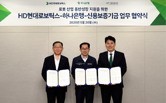 채병호 신용보증기금 이사(왼쪽부터)와 박종찬 HD현대로보틱스 생산지원 부문장, 천병주 하나은행 종로영업본부 지역대표 본부장이 20일 '차세대 로봇 솔루션 개발 및 해외시장 진출 활성화를 위한 상생 금융지원 업무협약(MOU)'를 체결하고 있다. [사진=HD현대로보틱스]