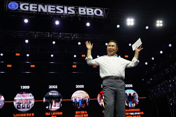 윤홍근 BBQ 회장이 2025 제너시스BBQ 패밀리 페스티벌(GBFF)'에서 발언하고 있다. [사진=BBQ]