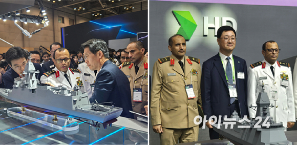 '국제해양방위산업전(MADEX) 2025' HD현대와 한화 부스. [사진=최란 기자]