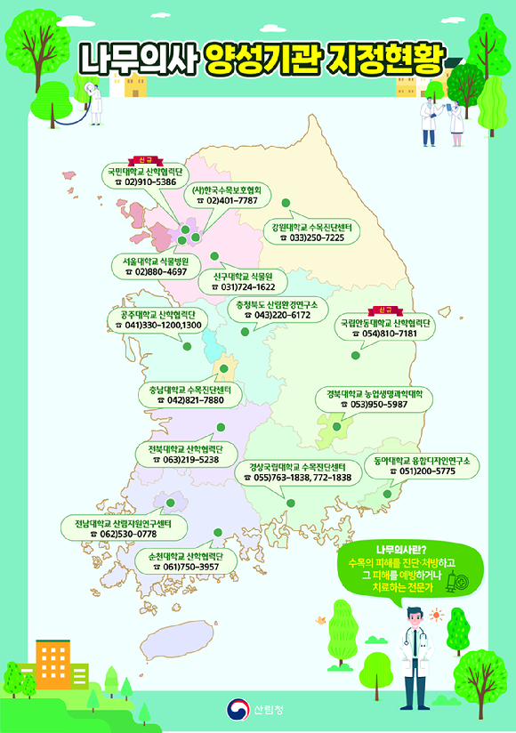 산림청은 나무의사 교육기회 확대를 목적으로 양성기관 2곳을 신규 지정했다. 사진은 전국 나무의사 양성기관 지정현황 관련 인포그래픽. [사진=산림청]