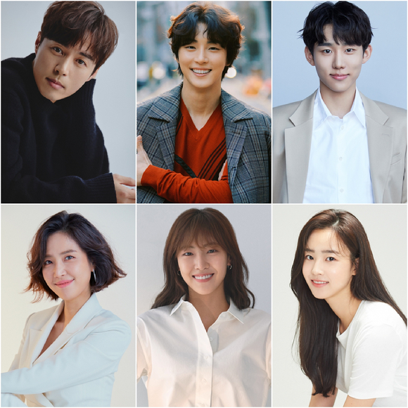 KBS 2TV 새 주말연속극 '현재는 아름다워' 출연진 오민석, 윤시윤, 서범준, 최예빈, 배다빈, 신동미(좌측부터 시계방향) [사진=모아엔터, SM C&C, 제이와이드컴퍼니, 저스트엔터, 후크엔터]