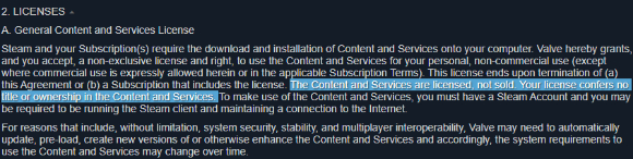 밸브 스팀이 이용자 약관에 게임의 '구매'나 '판매'가 아닌 라이선스 부여라는 점을 명시했다. [사진=스팀 약관 캡처]
