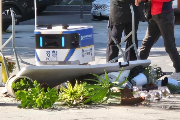 경기도 고양시 화정역 일대를 순찰하는 자율주행 로봇이 광장 인근 테이블을 들이받아 화분 십수 개를 파손시키는 일이 벌어졌다. 사진은 사고 현장 모습. [사진=SNS 캡처]