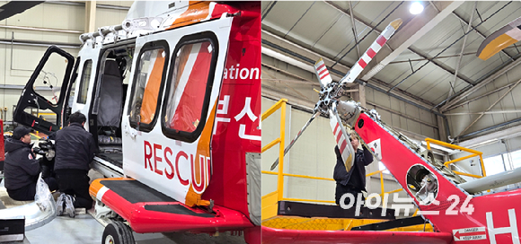 지난 6일 충남 예산 유아이헬리콥터 MRO센터에서 닥터헬기가 정기점검을 받고 있다. [사진=최란 기자]