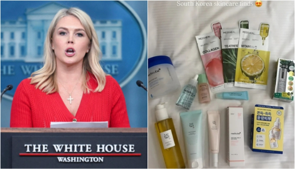 지난달 APEC 정상회의 당시 도널드 트럼프 미국 대통령의 한국 국빈방문에 동행한 캐롤라인 레빗 백악관 대변인이 경주 황리단길(황남동)을 들러 올리브영 매장에서 K뷰티 제품을 구매하며 세간의 주목을 받았다. 사진은 캐롤라인 레빗 백악관 대변인이 백악관에서 정례브리핑을 하고 있는 모습(왼쪽)과 자신의 SNS에 올리브영 매장에서 구매한 제품을 인증한 사진. [사진=AFP/연합뉴스, 캐롤라인 레빗 SNS 캡처]