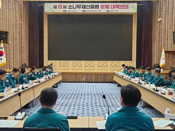 이미라 산림청 차장(왼쪽 앞줄에서 세번째)이 30일 '제15차 소나무재선충병 방제 대책회의'를 하고 있다. [사진=산림청]