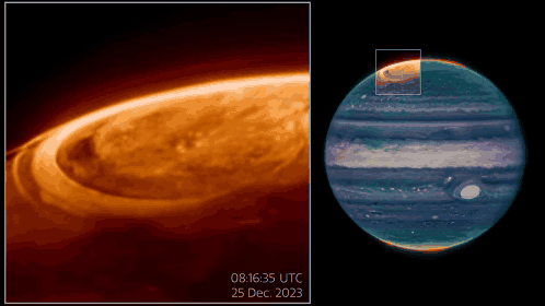 제임스웹이 촬영한 목성의 오로라. 강력한 빛으로 물들어있다. [사진=NASA]