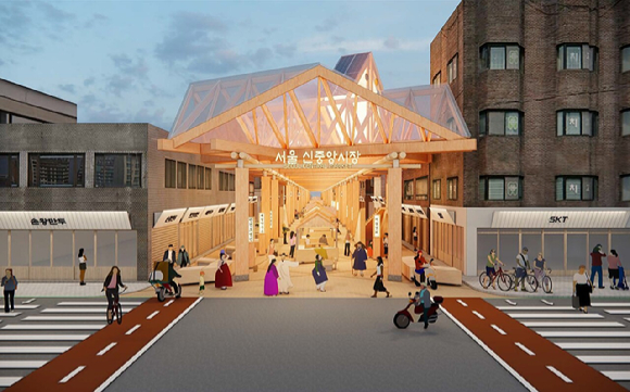 오세훈 서울시장이 8일 중구 신중앙시장을 방문해 '디자인혁신 전통시장 조성사업' 현장을 둘러 보고 있다. [사진=서울시]