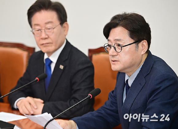 홍익표 더불어민주당 원내대표가 3일 오전 서울 여의도 국회에서 열린 최고위원회의에서 발언하고 있다. [사진=곽영래 기자]