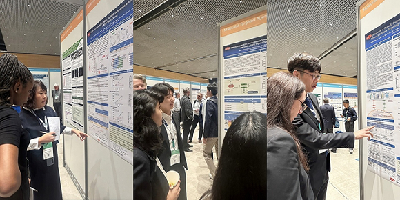 (왼쪽부터) 곽은주 한미약품 R&D센터 연구원, 박원기 연구원, 유형석 연구원이 국제 암 학술대회 'EORTC-NCI-AACR 2024'에서 차세대 항암 신약의 연구 결과 3건이 담긴 포스터 내용을 설명하고 있다. [사진=한미약품 제공]