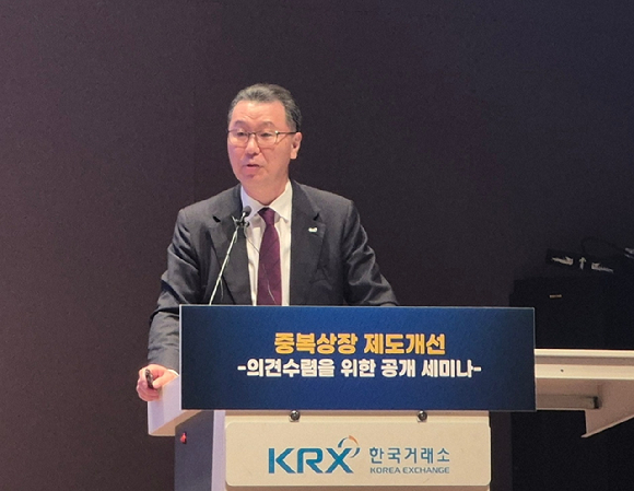 임흥택 한국거래소 유가증권시장본부 상무가 16일 중복상장 세미나에서 발표하고 있다. [사진=성진우 기자]