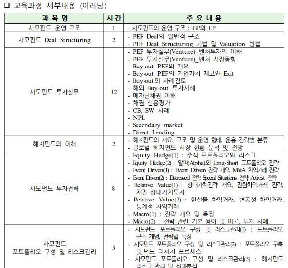 교육 과정에서는 사모집합투자기구 운용에 필요한 법규&middot;조세 관련 최신 정보, 사모펀드 시장 최신 현황 등에 대한 정보를 습득할 수 있는 전문인력 양성 과정이다. [사진=금융투자협회]