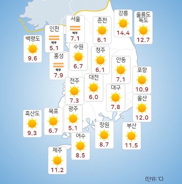 15일 오전 9시 현재 전국 날씨. [사진=기상청 날씨누리]