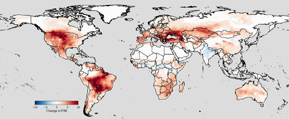 2045년 FWI. 낮은 강수량과 강풍을 포함해 지역의 극심한 화재 기상 조건을 증가시키는 조건을 만들고 있다. 짙은 붉은 색일수록 FWI가 높은 지역이다. [사진=NASA/Taejin Park]